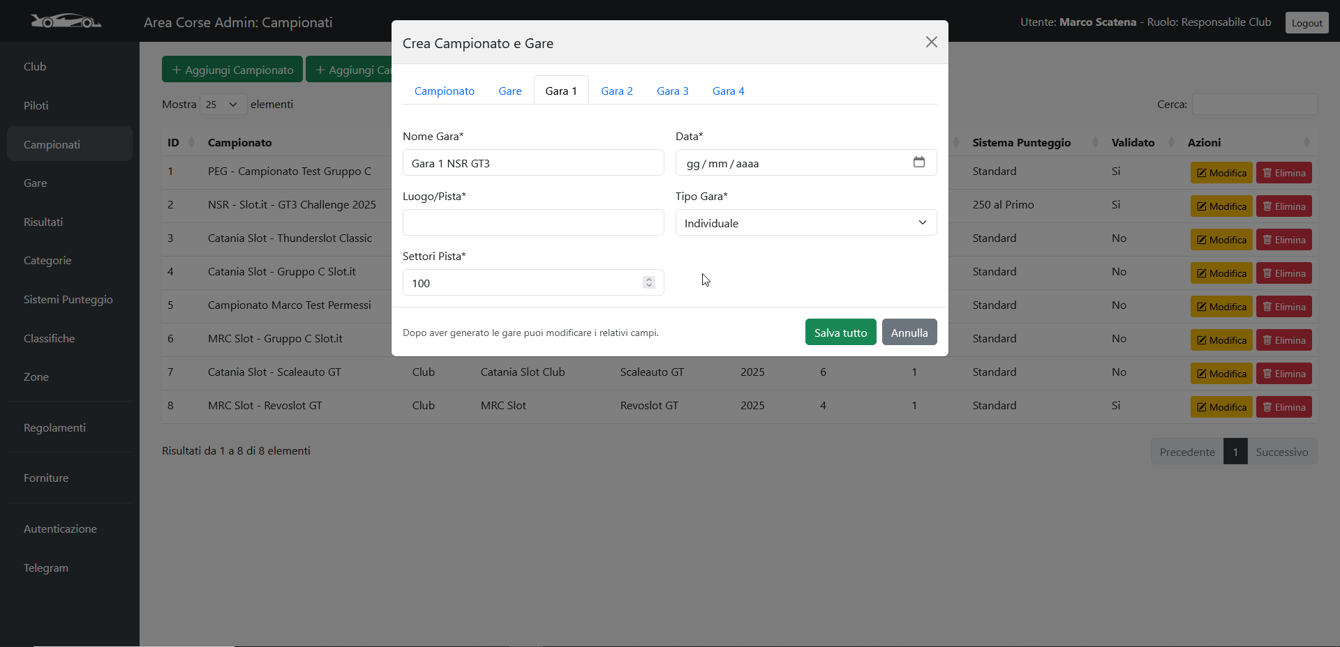Step 5: Valori di default delle gare