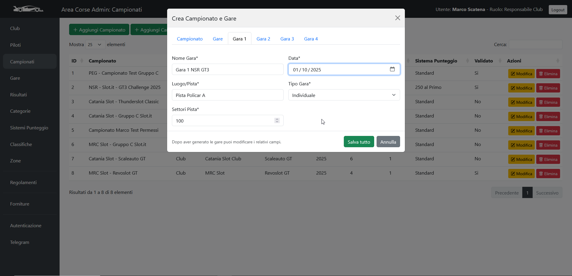 Step 6: Inserisci i dati delle singole Gare