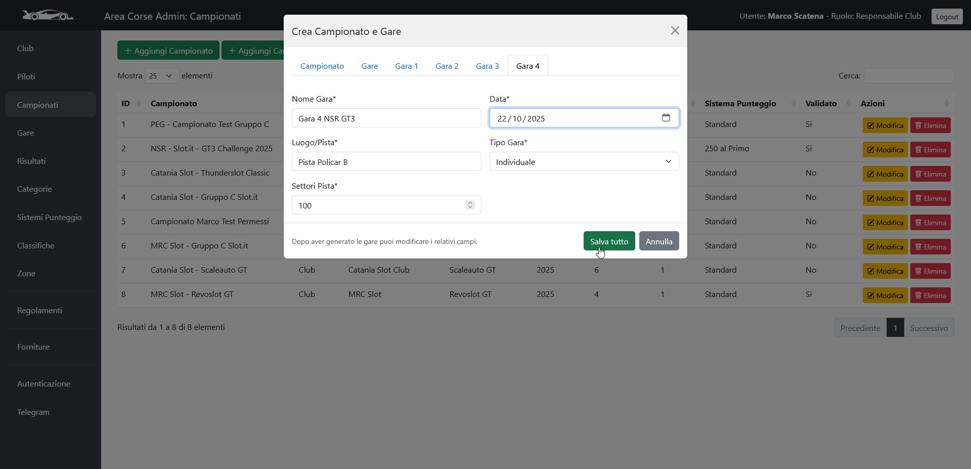 Step 7: Salva per generare campionato e gare