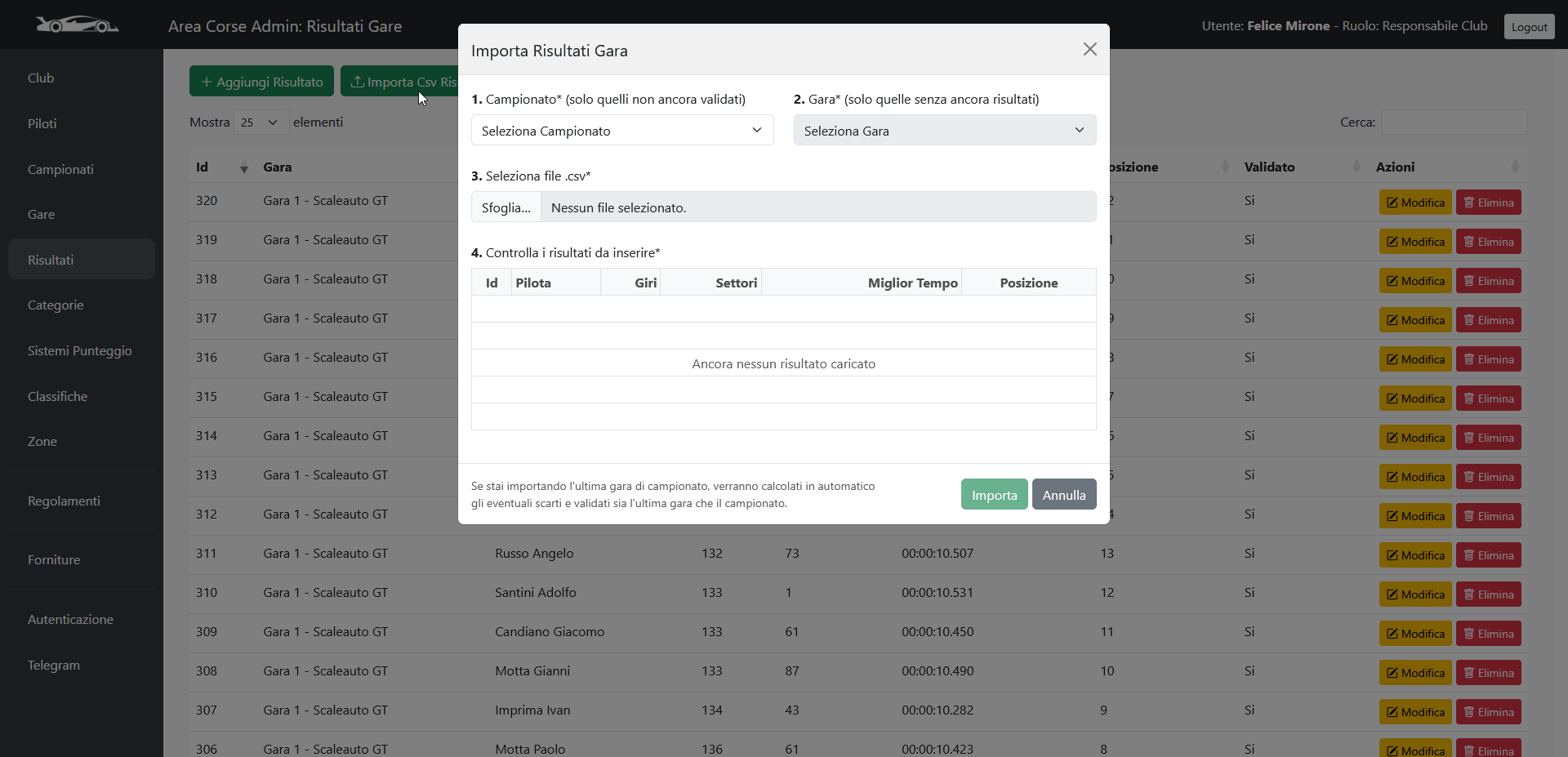 Step 6: Finestra Importa Risultati Gara